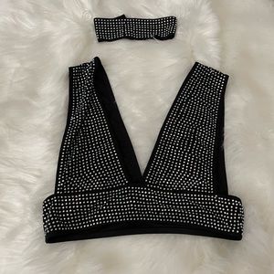 Black rhinestone crop top with matching choker